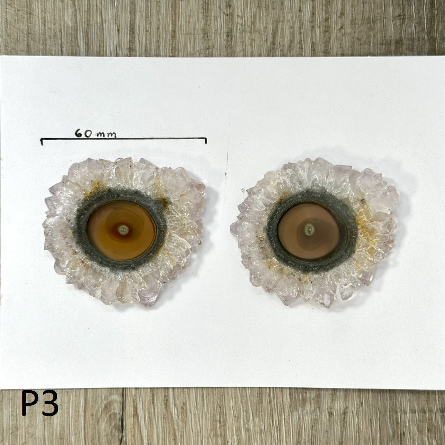 Amethyst-Quarz-Stalaktit-Scheiben-Set mit großen konzentrischen Augen