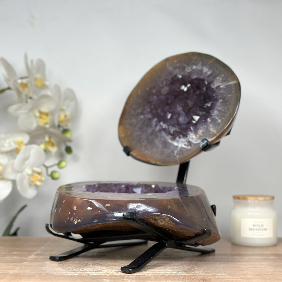 Achat-Amethyst-Geode 2-teilig mit natürlicher Kristallkammer, in ausgewählter Spitzenqualität