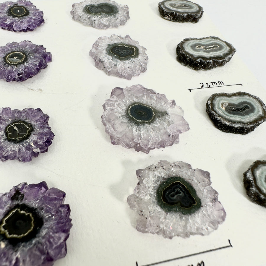 Amethyst-Quarz-Grünjaspis-Stalaktiten-Scheiben mit kontrastreicher Kristallbildung