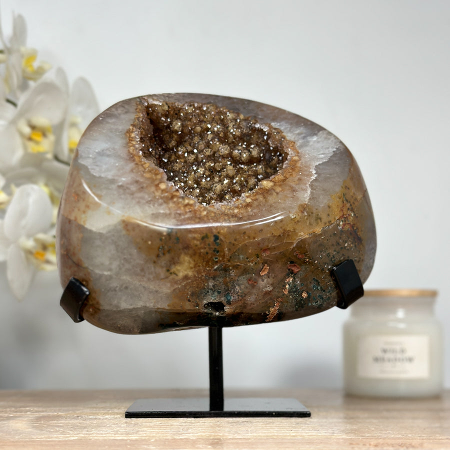 Zucker-Druzy-Geode gelb mit spektakulär funkelnder Kristalloberfläche