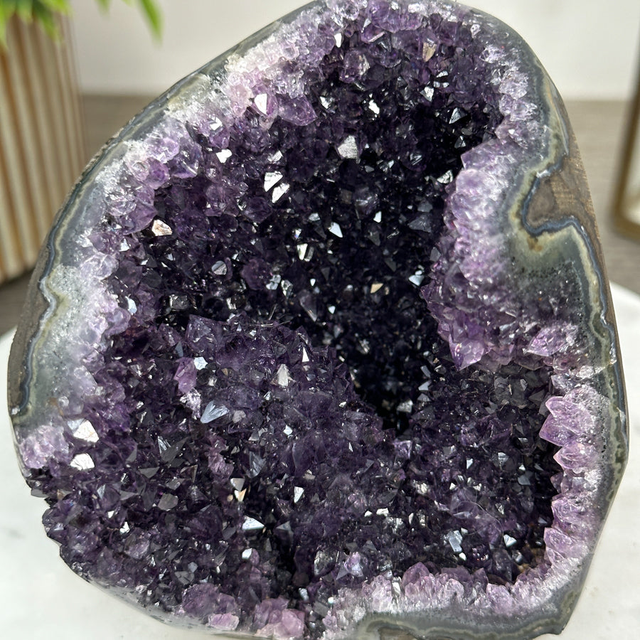 Amethyst-Geode mit geschnittener Standbasis und klarer Kristallstruktur