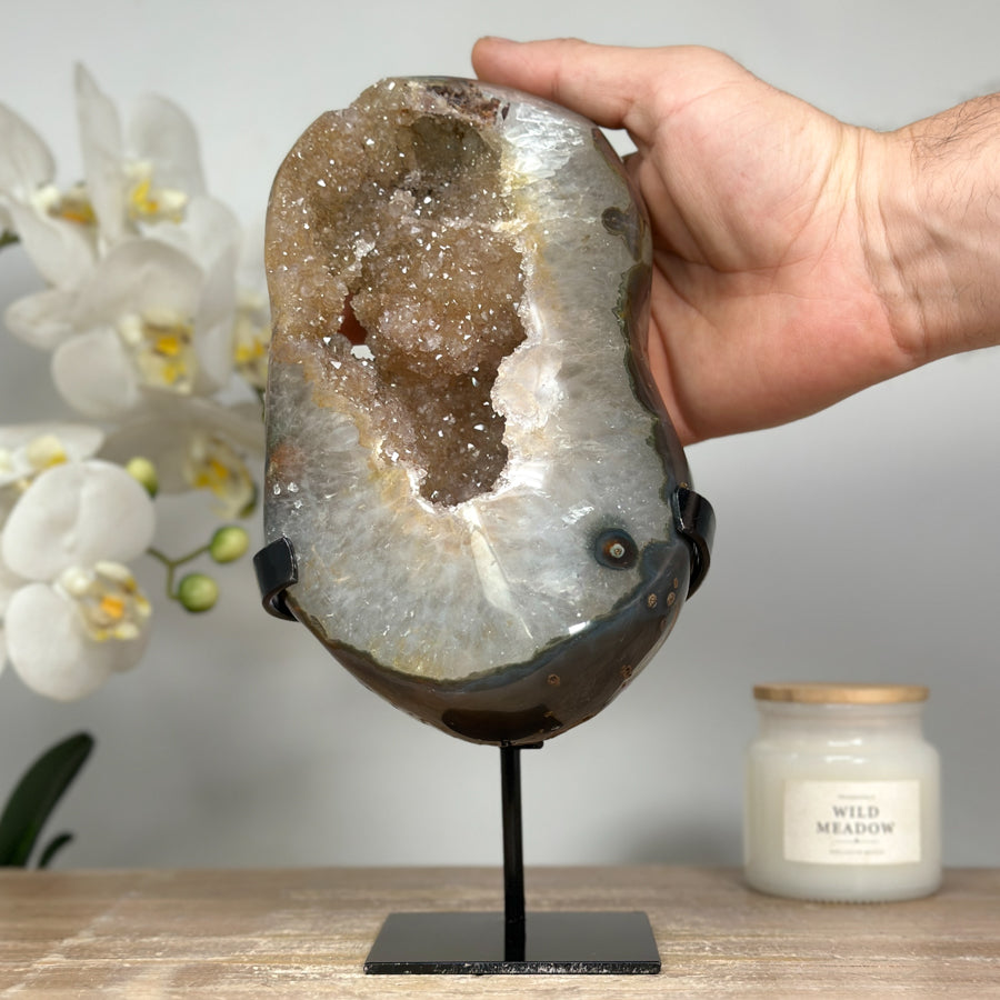 Zucker-Druzy-Kristallcluster gelb mit Quarzmatrix